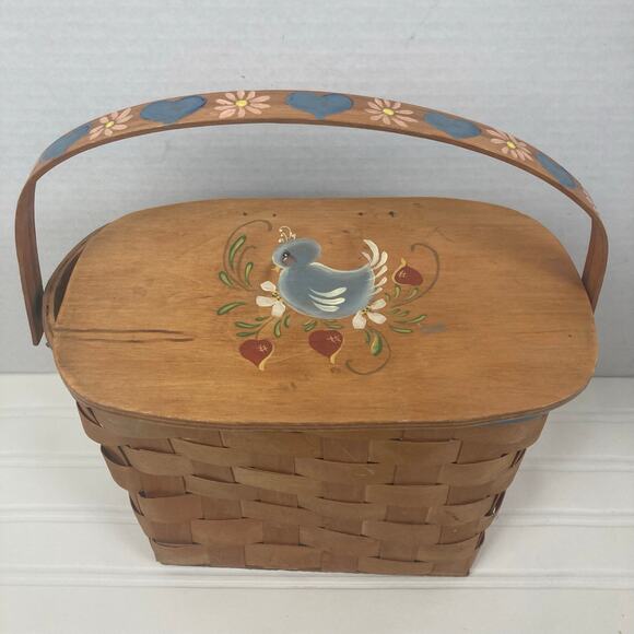 VTG Fairmont Basket Works Lid Woven Painted Bird Hearts Flowers Easter Eggs Bama - Picture 1 of 14